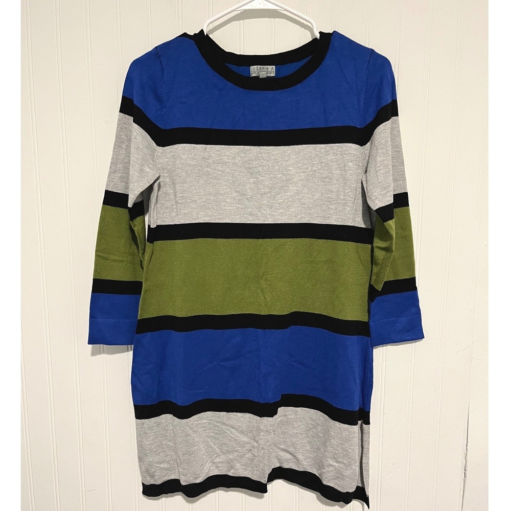 Joseph A. Sweater Dress Women Small Blue Striped Crew Neck 3/4 Sleeve